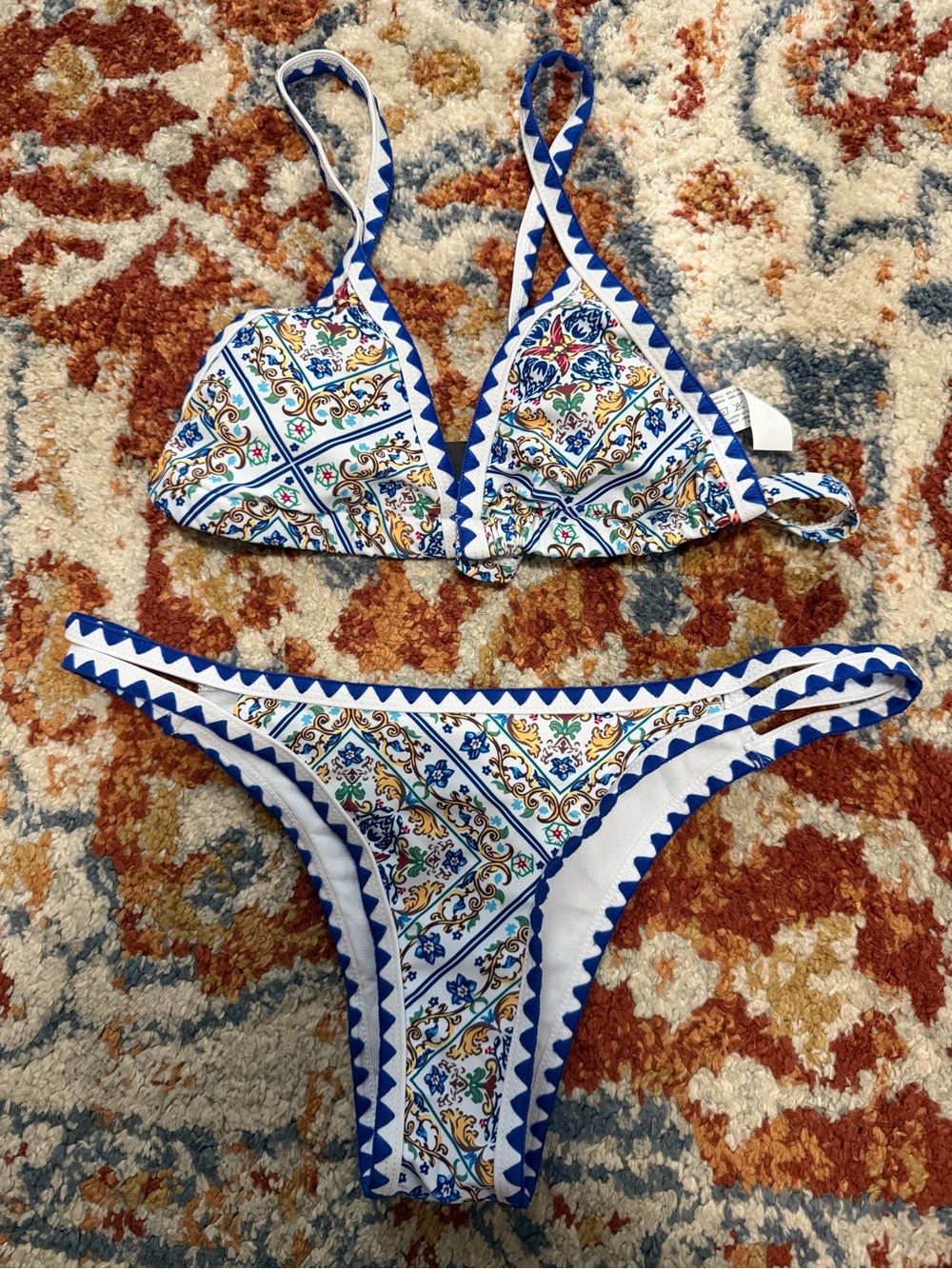 Blue & White Tile-Print Triangle Bikini Set